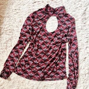 Retro Funky Keyhole Mesh Mock Neck Top Womens L Statement PopArt Mod Fit Quirky